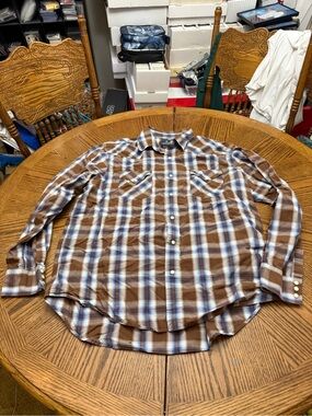 Lucky Brand Brown and Blue Plaid Pearl Snap Long-Sleeve Button-Down Shirt